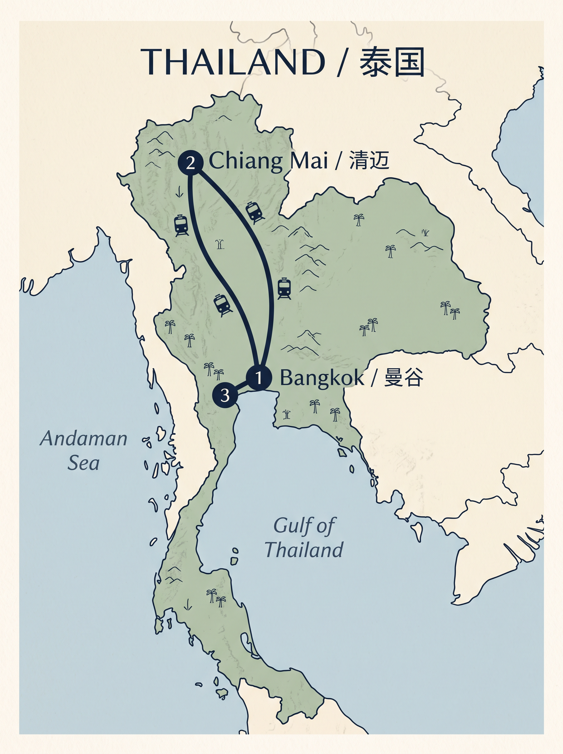 泰国曼谷至清迈往返旅行路线插画